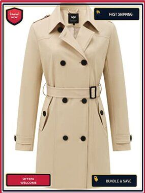 Women's Double-Breasted Trench Coat Windproof Fully Lined Removable Belt